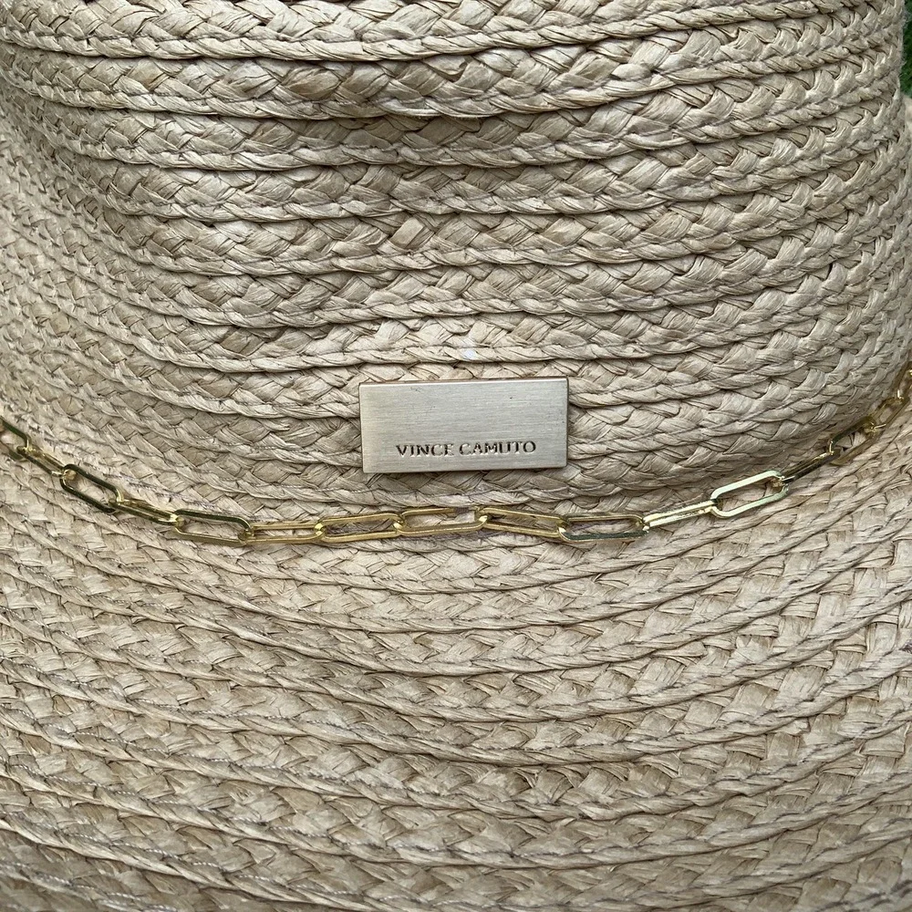 VINCE‎ CAMUTO Chain Trim Woven Paper Panama Hat Natural OS Packable NWT